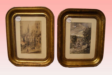 Antique French watercolors from the 1800s depicting a city view