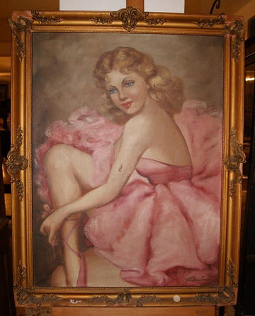 Antique 1900 oil on canvas painting depicting a ballerina with a tutu