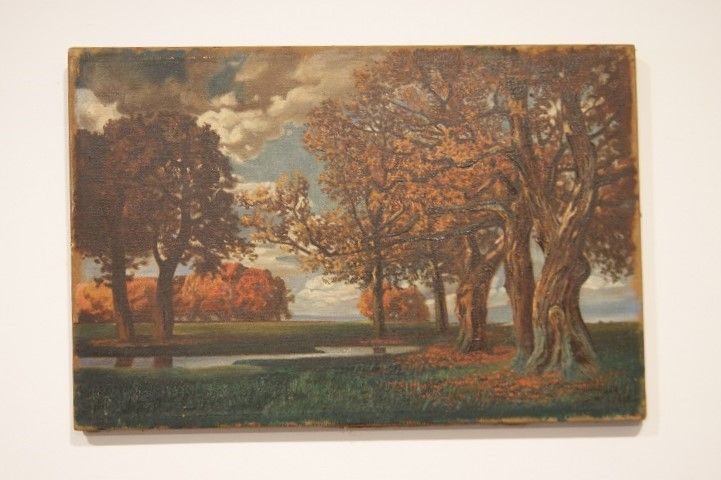 Antico quadro olio su tela del 1900 Bosco in autunno firmato