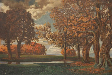 Olio su tela raffigurante bosco in autunno