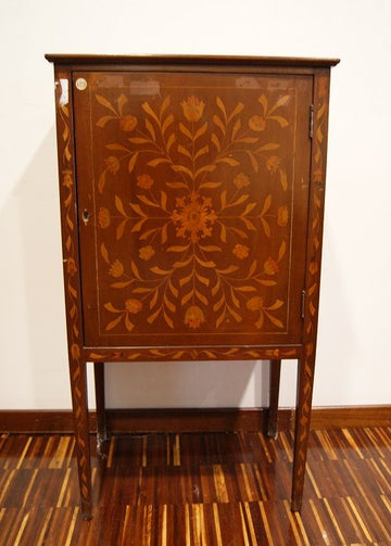Ancient Dutch small sideboard from the 19th century, richly inlaid with one door