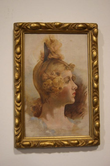 Huile sur carton des années 1800 représentant un visage de femme, cadre contemporain