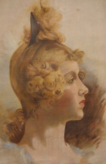 Huile sur carton des années 1800 représentant un visage de femme, cadre contemporain