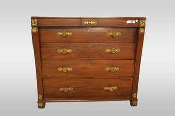 Antique English chest of drawers from the 19th century, Empire style in mahogany with gilded bronzes