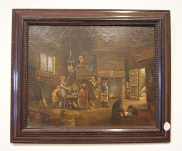Antique French oil painting from 1800. Inn with characters