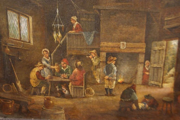 Antique French oil painting from 1800. Inn with characters