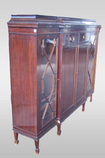 Antique English 4-door mahogany display cabinet from the 1800s with inlay