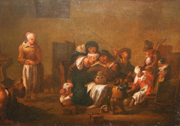 Olio su tela di fine 1700 raffigurante l'interno di una taverna
