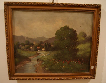 Huile sur toile représentant un paysage rural des années 1800