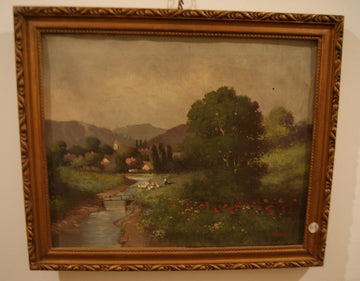 Antique oil painting on canvas of a rural landscape from the 1800s