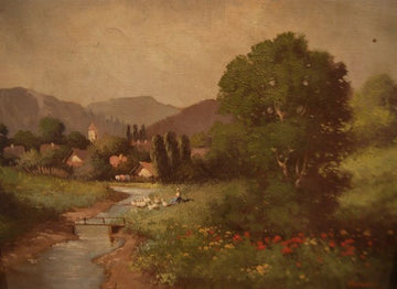 Antique oil painting on canvas of a rural landscape from the 1800s