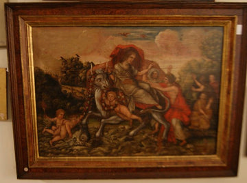 Ancient painting oil on panel from 1600 depicting the Rape of Europa