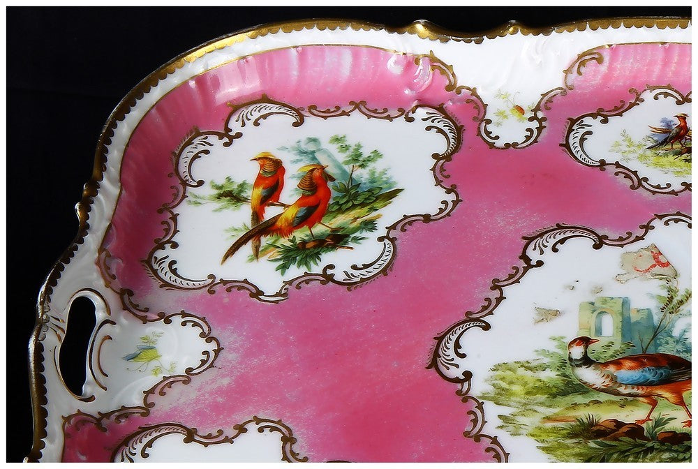 Vassoio francese rettangolare in porcellana di Sevres con manici