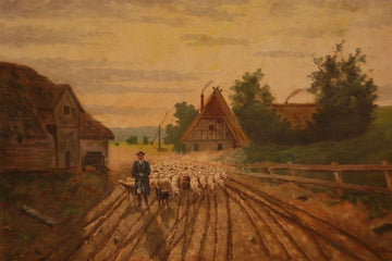 Ancient oil painting from the 19th century, shepherd with flock of sheep