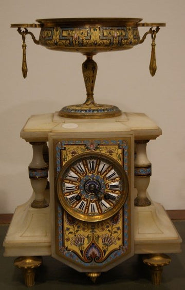 French triptych mantel clock and candlesticks in decorated marble and bronze