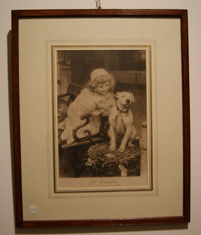Antica stampa inglese del 1800 raffigurante bambina con cane