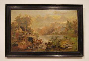 Huile sur carton du 19ème siècle, paysage champêtre avec moulin et cascade