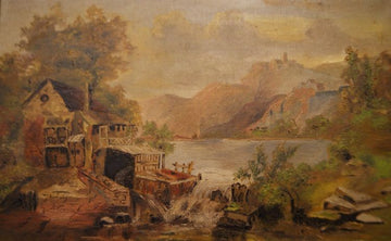 Ancient Oil on cardboard from the 19th century, country landscape with mill and waterfall