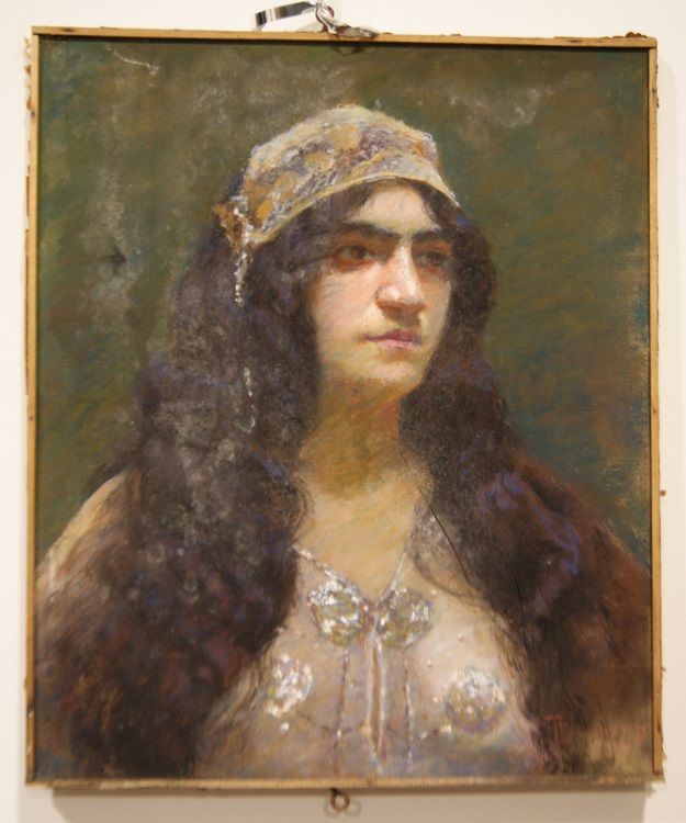 Antico gessetto su tela francese del 1800 raffigurante donna
