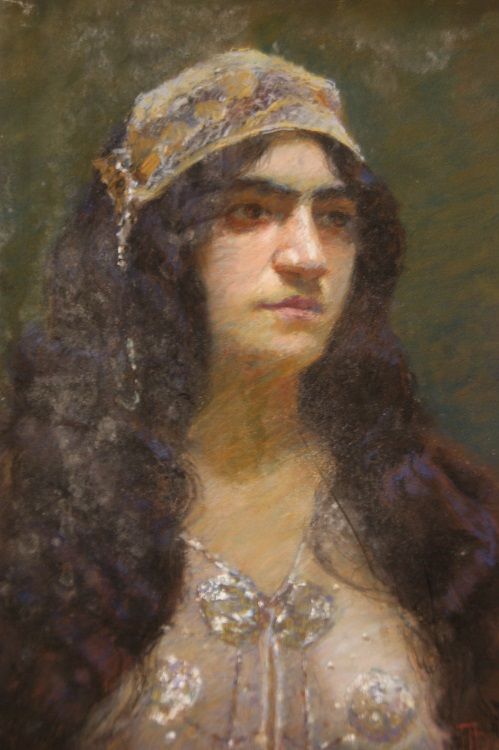 Antico gessetto su tela francese del 1800 raffigurante donna