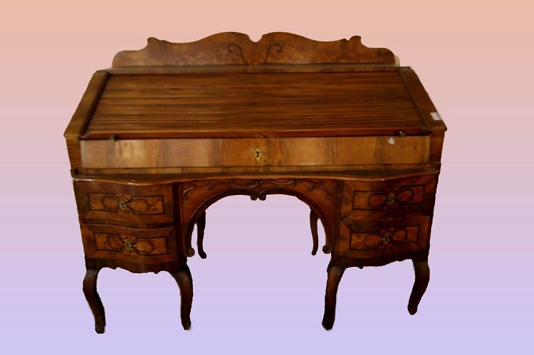 Antica scrivania a rullo del 1700 stile Luigi XV in radica di noce 