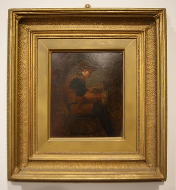Antique French painting from 1800, oil on panel, man with newspaper