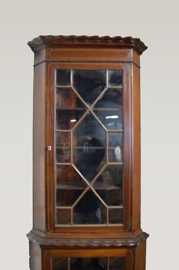 Antica angoliera vittoriano in legno di mogano del 1800 con ante a vetri stile Vittoriano con intarsi 
