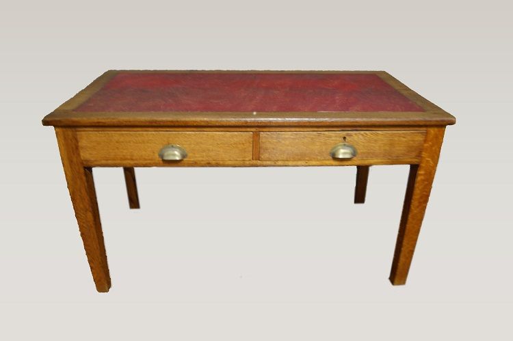Antica scrivania italiana di inizio 1900 in rovere con piano in pelle