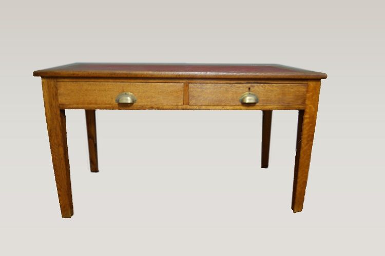 Antica scrivania italiana di inizio 1900 in rovere con piano in pelle