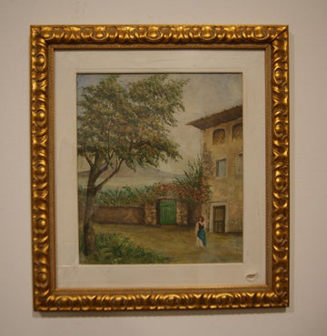 Huile sur toile italienne représentant un paysage de ferme rurale