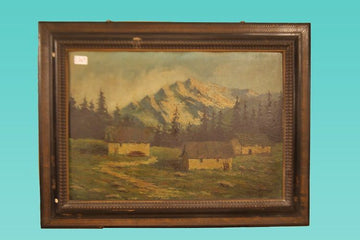 Ancient Italian oil on panel depicting a mountain landscape