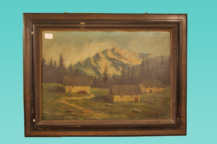Antico quadro italiano raffigurante paesaggio di montagna