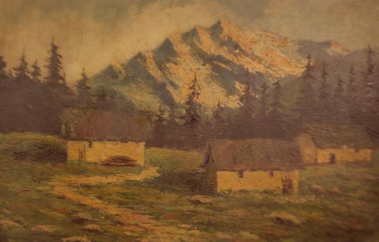 Antico quadro italiano raffigurante paesaggio di montagna