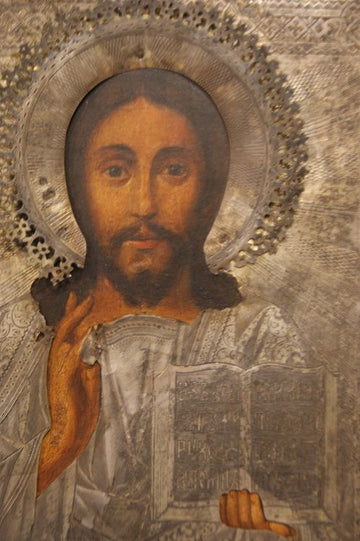 Icône représentant le visage de Jésus avec couvercle en argent gravé