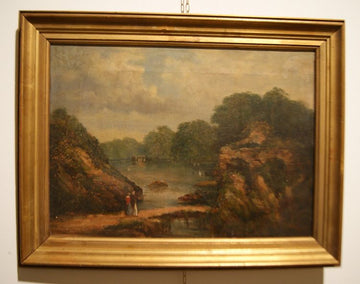 Oil on canvas country landscape with characters and watercourse