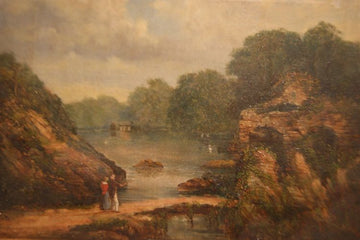 Oil on canvas country landscape with characters and watercourse