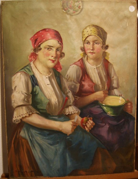Oil on canvas from Eastern Europe from the late 1800s, depicting two young women
