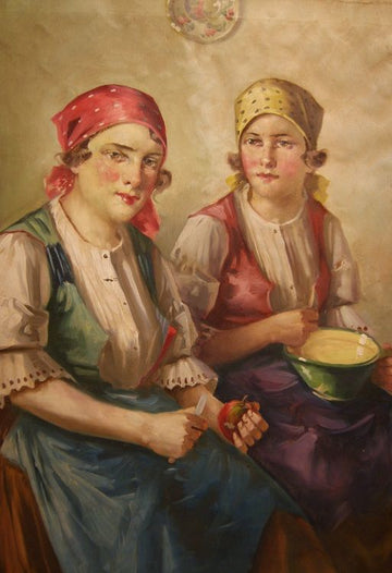 Oil on canvas from Eastern Europe from the late 1800s, depicting two young women
