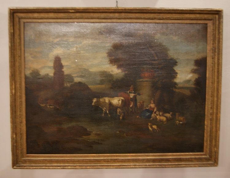 Olio su tela italiano del 1700 paesaggio con personaggi