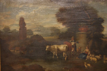 Italian oil on canvas from the 1700s, landscape with characters