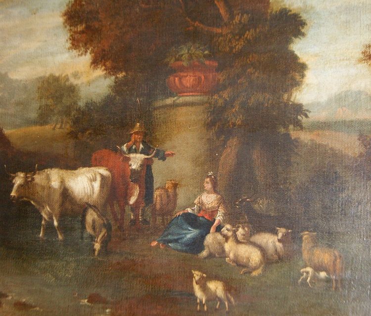 Antico dipinto italiano del 1700 paesaggio con personaggi