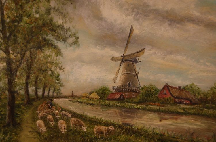 Antico dipinto 1800 firmato Valois raffigurante paesaggio campestre