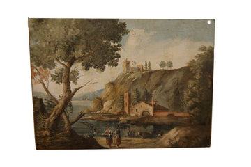 Peinture antique de jus d'herbe du paysage des années 1800 avec des personnages