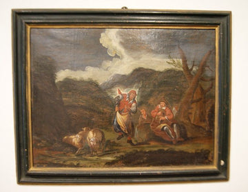 Huile sur toile italienne de la fin des années 1600. Scène pastorale