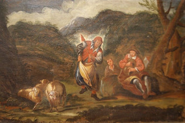 Olio su tela italiano di fine 1600 Scena pastorale