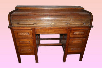 Antique French oak roller writing desk from the 1800s