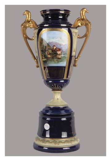 Grande vaso in porcellana a fondo blu e decori oro