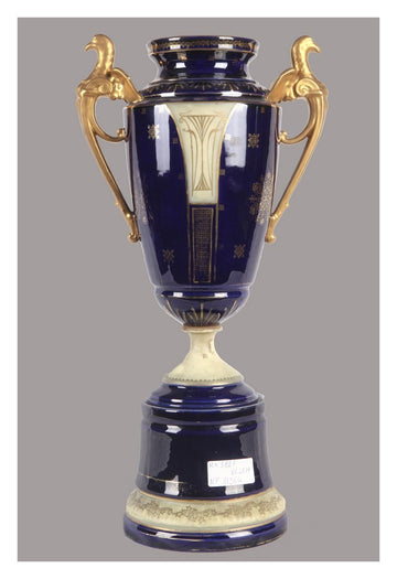 Grande vaso in porcellana a fondo blu e decori oro