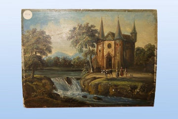 Ancient 19th century oil on panel of landscape with castle