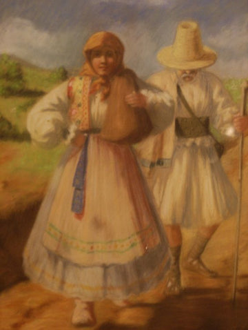 Ancient pastel painting from the 1800s. Peasants